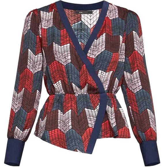 New BCBGMaxAzria Medium Silky Wrap Peplum Blouse Top Geo Chevron Print Red Teal - Picture 1 of 12